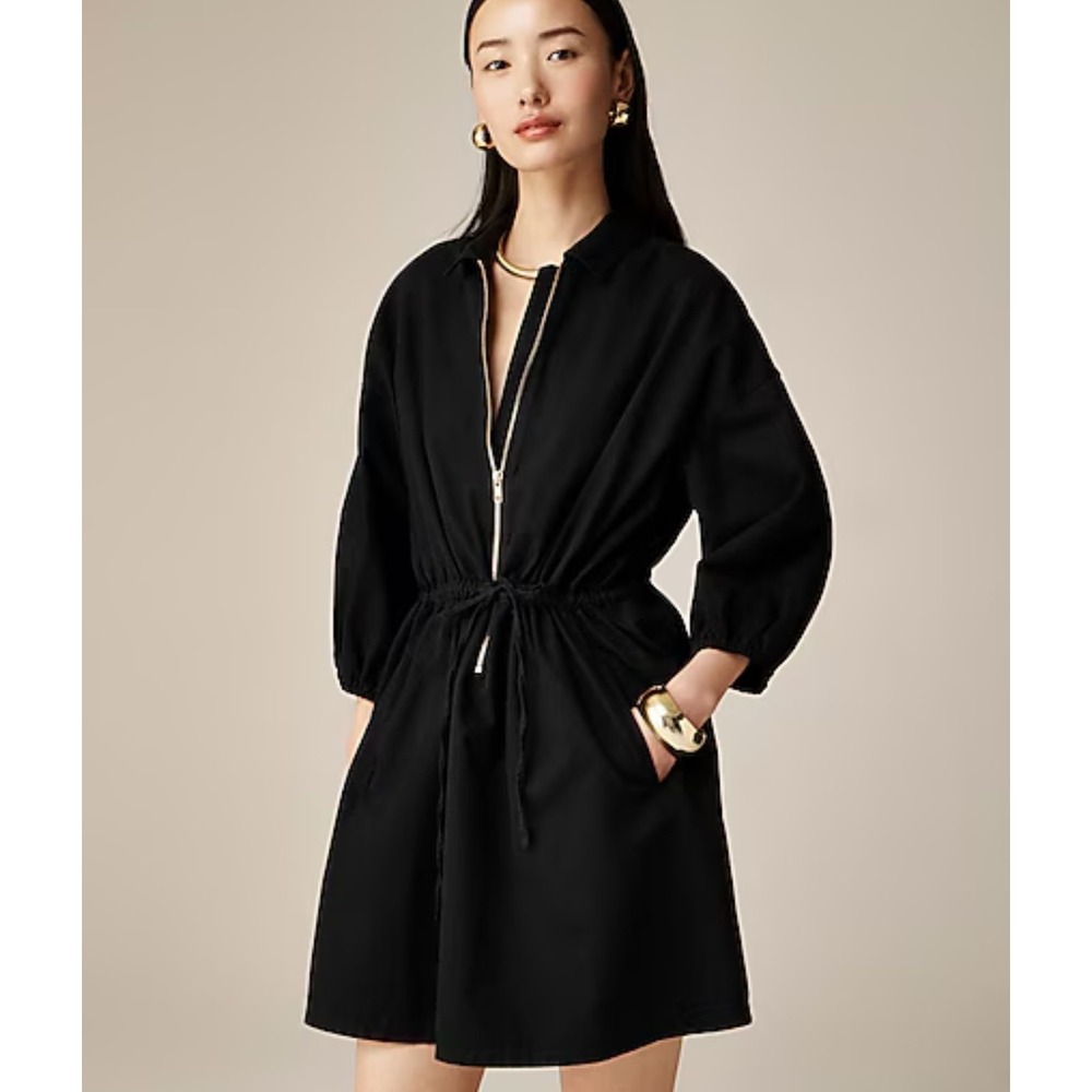 J.Crew Cinched Zip-Up Dress Black Drapey Cotton Size Small